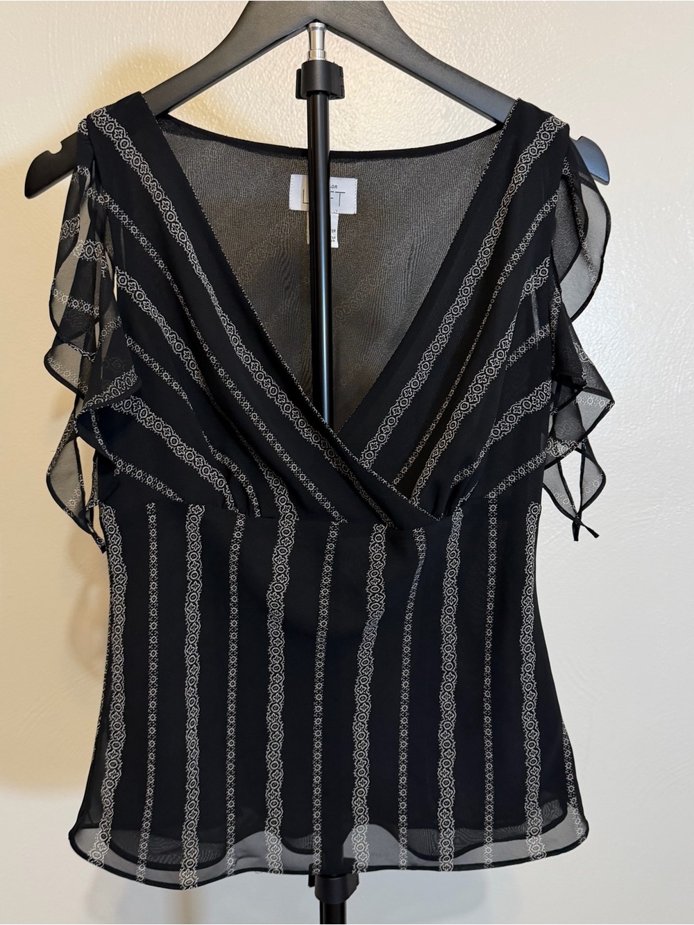 LOFT Black Sheer Stripe Wrap-Front Ruffle Sleeve Blouse